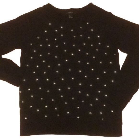 Forever 21 Black Sweatshirt Top size S Gold Studded Long Sleeve Crewneck - Picture 1 of 4